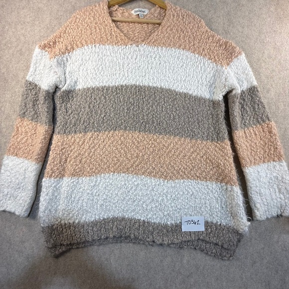 DAVI & DANI Sweaters - Davi & Dani Womens Popcorn Knit Striped V-Neck Sweater Neutral Tan Grey Cream M
